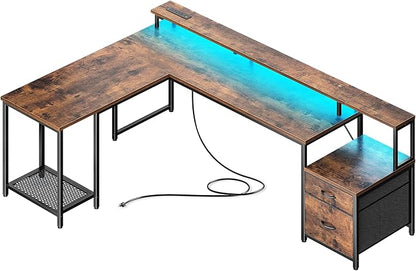 PRAISUN 66" L Shaped Gaming Desk with LED Lights & Power Outlets, Computer Desk with Fabric Drawers and Print Stand, Corner Office Desk, Monitor Stand, Mesh CPU Stand, Rustic Brown