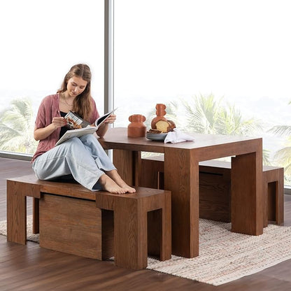 Transformer Table - Solid Wood Extendable Dining Table, Seats 2-12, Expandable Dining Room Table, Space-Saving Furniture, Kitchen and Dining Room Furniture (Brown, Table + 2 Benches)