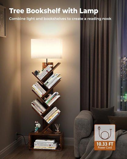 Evermagin 6 Tier Tree Bookshelf with Light, Narrow Bookcase Tower, Tall Floor Standing Book Organizer with Storage Cabinet for Living Room, Bedroom and Home Office, Rustic Brown