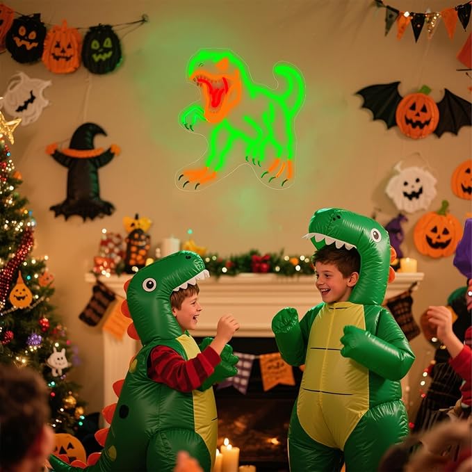 Dinosaur Neon Wall Sign - Green T-Rex LED Light for Jurassic Party, Boys Bedroom, Halloween Decor, Spooky Gift for Teens, 14.5x13.6" USB Powered