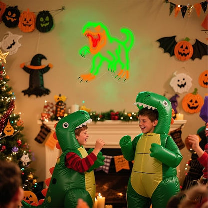 Dinosaur Neon Wall Sign - Green T-Rex LED Light for Jurassic Party, Boys Bedroom, Halloween Decor, Spooky Gift for Teens, 14.5x13.6" USB Powered