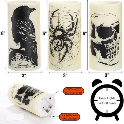Hbaushun Halloween Flameless Candles LED Flickering Candles with Skull, Crow, Spider Web Decals,Battery Operated with 6 Hour Timer Halloween Decorations Horror Themed Candles(3 Pack, D3 x H6)