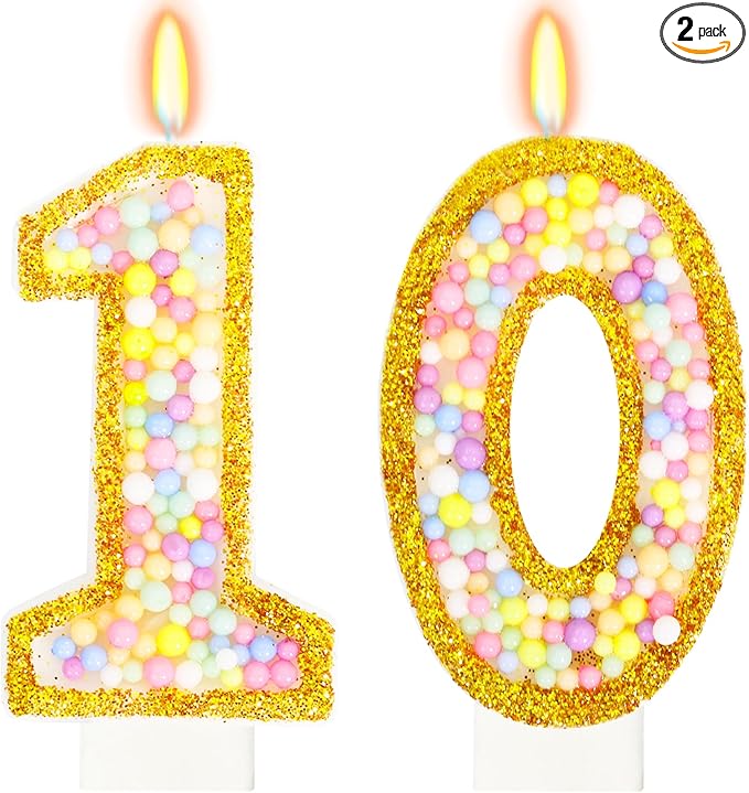 10th Birthday Candle for Cake, Colorful Macaron Numeral Candles for Boys/Girls, Birthday Party Cake Decorations, Golden Cake Topper for Birthday Party Supplies (Number 10)