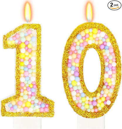 10th Birthday Candle for Cake, Colorful Macaron Numeral Candles for Boys/Girls, Birthday Party Cake Decorations, Golden Cake Topper for Birthday Party Supplies (Number 10)