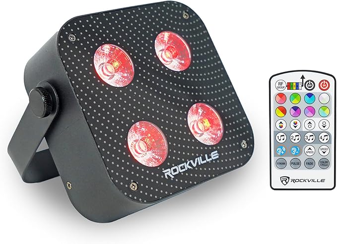 Rockville MINI RF4 V2 Black LED Wash Up Light, RGBWA+UV, Compact, App, Remote Control, LCD, Wireless DMX, Rechargeable, Perfect for DJ/Party Lighting