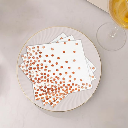 100 Pcs Unfold Size 13x13 Inch Disposable White Rose Gold Dot Paper Napkins