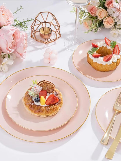 WDF 150Pcs Pink Plates Disposable - Pink and Gold Plastic Plates 25guest Disposable Dinnerware Include 25 Dinner Plate, 25 Dessert Plate, 25 Cutlery & 25 9oz Cups for Wedding & Party