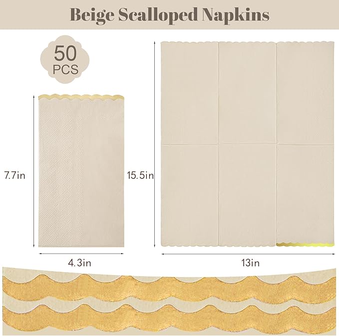 50 Beige Paper Napkins Decorative, Gold Foil Scalloped Edged Guest Napkins Disposable, Dinner Napkins for Wedding, Shower Baby, Birthday Parties Supplies(4 x 8 In, Beige)