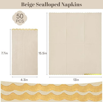 50 Beige Paper Napkins Decorative, Gold Foil Scalloped Edged Guest Napkins Disposable, Dinner Napkins for Wedding, Shower Baby, Birthday Parties Supplies(4 x 8 In, Beige)