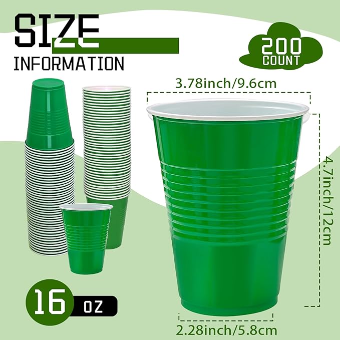 200 Count Green Plastic Cups - Green Disposable Cups for Party Birthday Picnics Christmas (16 oz)