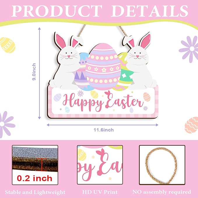 Kercan Easter Wood Decor Sign - Vintage Easter Egg Bunny Wooden Hanging Door Sign Welcome Printed Wood Wall Art Decorative Sign Hanging Rustic Farmhouse Decoration Retro Hello Spring Porch Plaques
