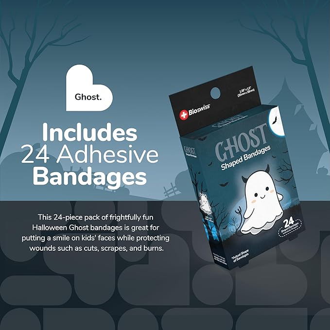 BioSwiss Kids Bandages, Halloween Ghost Shaped Self Adhesive Bandage Set, Latex Free, Sterile Wound Care, 24 Count