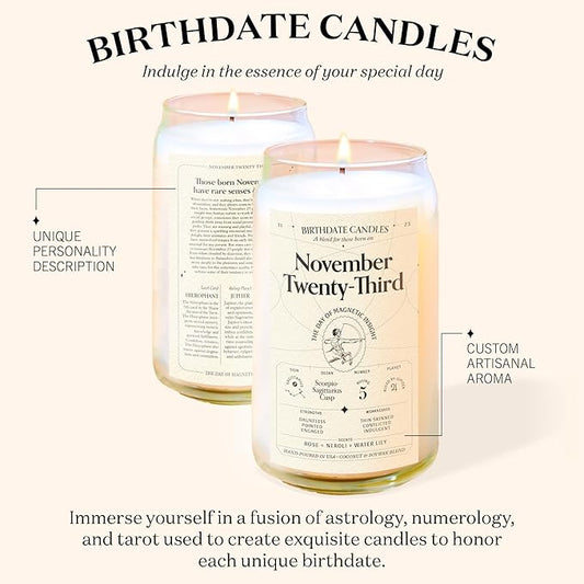 Birthdate Candles, November 23 - Sagittarius Zodiac Scented Candles Birthday Gift - Rose, Neroli & Water Lily Scent - All-Natural Soy & Coconut Wax, 60-80 Hour Burn Time - Made in USA