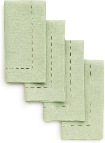 Solino Home Linen Napkins Set of 4 - Classic Hemstitch 100% Pure Linen Sage Green Dinner Napkins Cloth 20 x 20 Inch for Fall, Autumn, Christmas, Winter, New Year - Handcrafted and Machine Washable