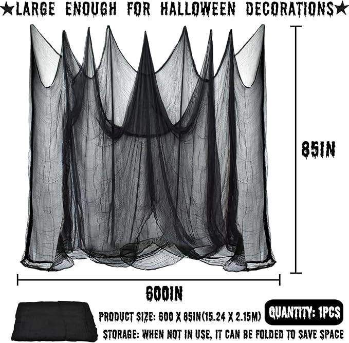ZeeDix Halloween Black Creepy Cloth 85 x 600in Giant Home Deco Spooky Scary Gauze Cloth for Halloween Party Supplies Haunted Houses Outdoor Yard Wall Doorways Decoration