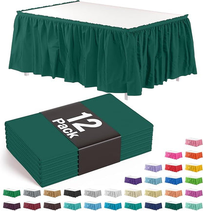 Exquisite Ruffle Table Skirt Dark Green 12 Pack 14 Ft Long Table Skirts for Rectangle Tables 6ft Plus or Round Tables Skirts with Adhesive Strip for Gender Reveal Decor & Happy Birthday Parties