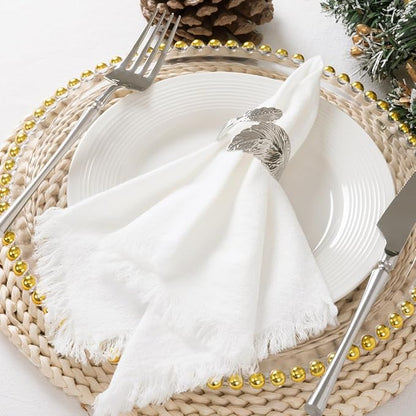 12 Pack Ivory White Cotton Linen Napkins with Fringe Christmas White Cloth Napkins Set of 12 Boho Handmade Holiday Napkins Bulk for Wedding Baby Shower Parties, 17 x 17 Inches