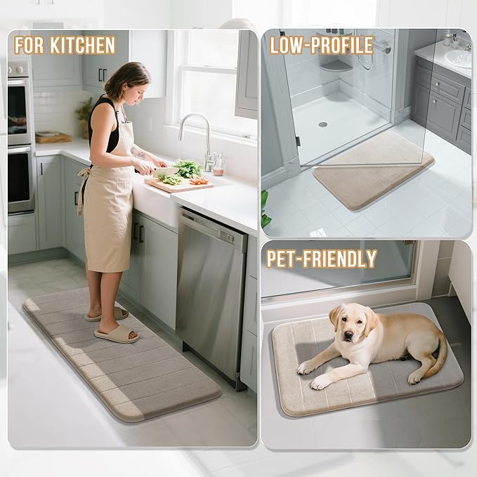 Yimobra Long Bath Mat 44"x24", Super Soft Quick Dry Memory Foam Bathroom Rug, Water Absorbent, Non Slip Backing Machine Washable for Tub Shower, Thick Comfort Support, Beige