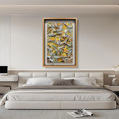 BrightA Textured silver leather abstract art - vibrant spray-painted fluid colors (yellow/orange/green) with solid wood frames, modern wall sculptures, contemporary living room 27.5"x 39.4"