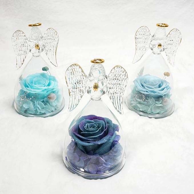 Miofula Preserved Flower Roses & Angel Figurines with Forever Real Rose Gifts for Women Mom, Grandma; Angel Gifts for Christmas, Thanksgiving, Birthday, Anniversary - Pale Blue