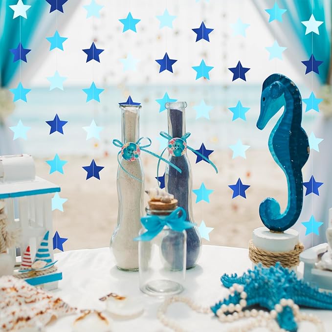 Patelai Glitter Star Garland Banner Christmas Decor 130 Feet Star Hanging Bunting Banner Twinkle Backdrop for Homecoming Classroom Wedding Birthday Halloween Party Supplies(Ocean Blue)