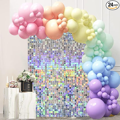 Iridescent Silver Shimmer Square Sequin Wall Panel Backdrop Decoration for Wedding,Anniversary,Birthday,Party,Photo Backdrop,24 Panels Cover 6 x 4 Ft