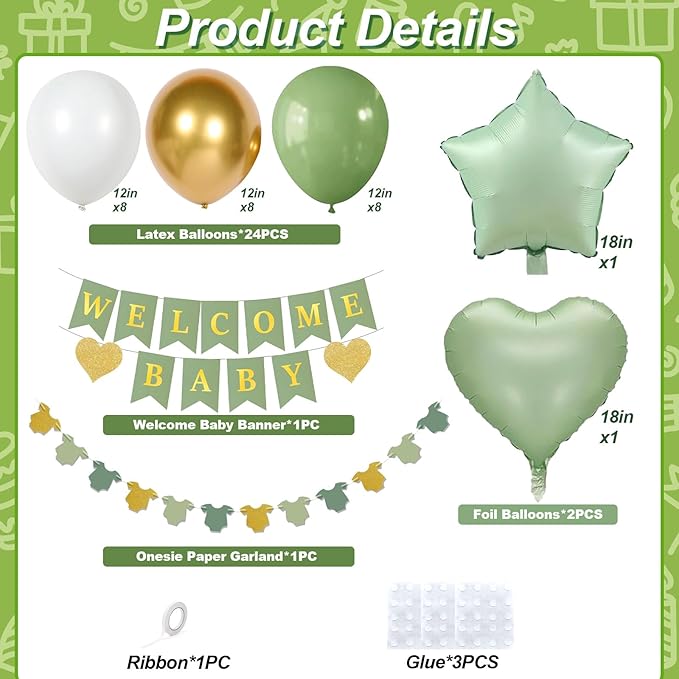 Sage Green Baby Shower Decorations Olive Green Gold White Oh Welcome Baby Balloon Set with Star Heart Foil Balloons Shower Bunting Banner Bodysuit Garland Neutral Gender Reveal Party for Boys Girls