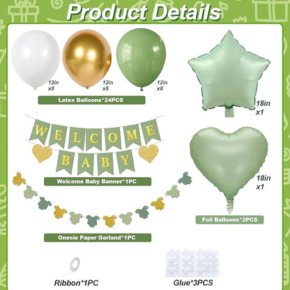 Sage Green Baby Shower Decorations Olive Green Gold White Oh Welcome Baby Balloon Set with Star Heart Foil Balloons Shower Bunting Banner Bodysuit Garland Neutral Gender Reveal Party for Boys Girls