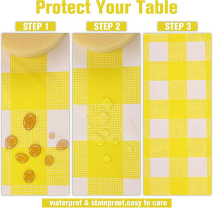Kesfey 3 Packs Yellow Gingham Tablecloth 54 x 108 Inches Yellow and White Checkered Table Cloths Disposable Plastic Gingham Tablecovers Waterproof Rectangle Picnic Plaid Table Cover for Camping Party