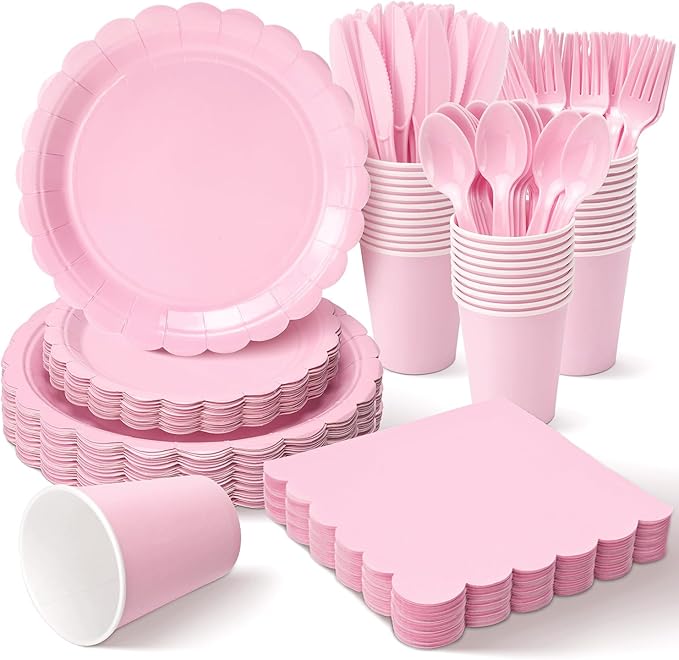 Vyntra 350 PCS Disposable Plates for Party, Paper Plates & Napkins Set with Cups, Knives, Forks, Spoons, 7'' Dessert and 9'' Dinner Plates for Baby Girl Shower, Birthday, Valentine’s Day - Light Pink