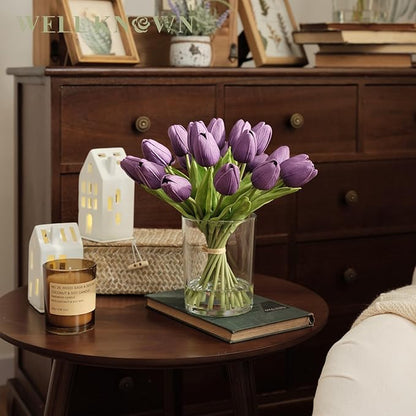 WELL KNOWN 20 Pcs Tulips Artificial Flowers in Vase, Real Touch Upgrate Purple Tulips Fake Flowers with Vase Flower Arrangements Artificial Centerpiece for Dining Room Table