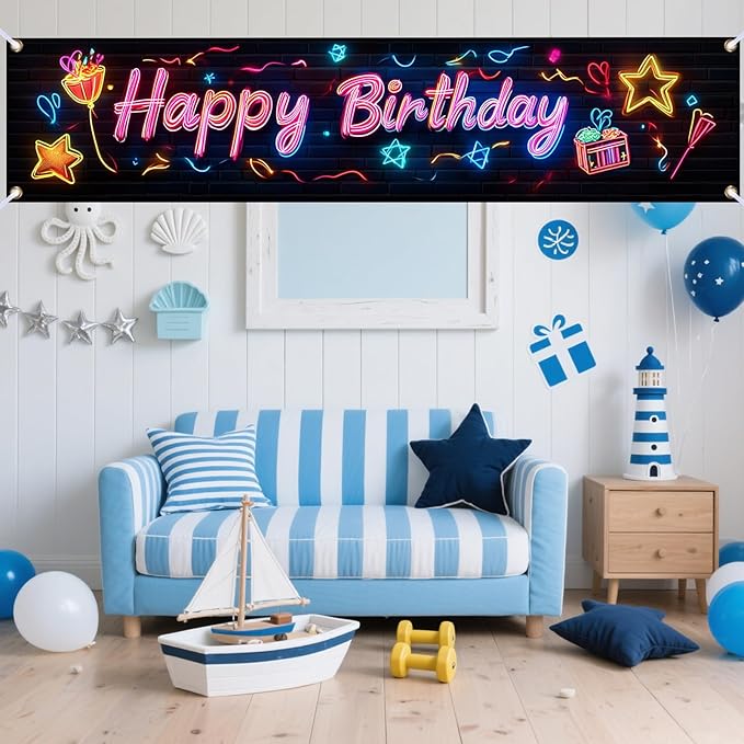 Nuxovilar Happy Birthday Banner Decorations 17.72x78.74 Inch Neon Gift Theme - Polyester for Indoor Outdoor Birthday Party Decor