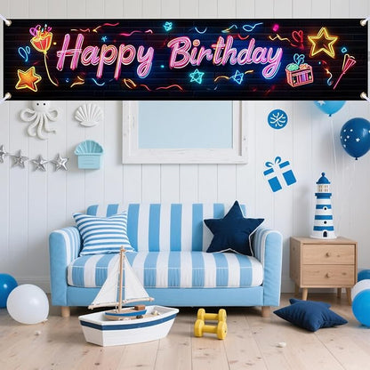 Nuxovilar Happy Birthday Banner Decorations 17.72x78.74 Inch Neon Gift Theme - Polyester for Indoor Outdoor Birthday Party Decor