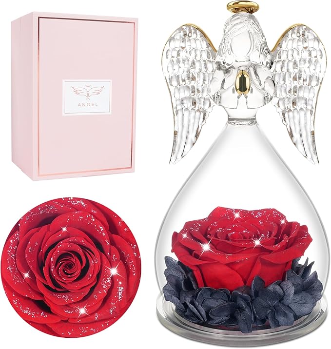 Miofula Preserved Flower Rose Birthday Gifts for Mom, Angels Figurines with Forever Real Rose Gifts for Women Mom Grandma, Angels Gifts for Valentines Anniversary (Red Starry Sky)