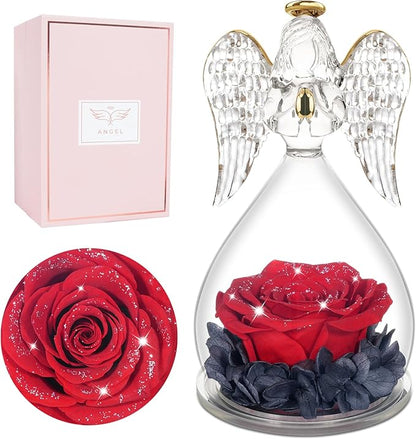Miofula Preserved Flower Rose Birthday Gifts for Mom, Angels Figurines with Forever Real Rose Gifts for Women Mom Grandma, Angels Gifts for Valentines Anniversary (Red Starry Sky)