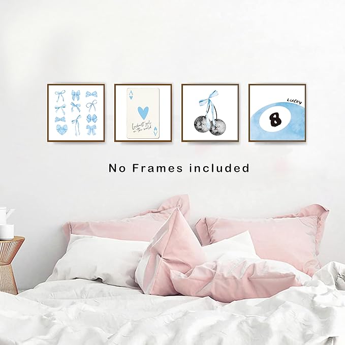 okaxscm Blue Coquette Trendy Preppy Wall Art Prints Set of 4, Coquette Room Decor, Preppy Room Decor Aesthetic, Blue Bow Disco 8 Ball Cherry Wall Decor Posters for Girls Bedroom Dorm, 10x10 Unframed