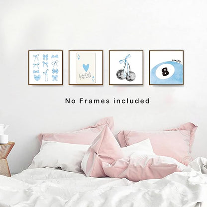 okaxscm Blue Coquette Trendy Preppy Wall Art Prints Set of 4, Coquette Room Decor, Preppy Room Decor Aesthetic, Blue Bow Disco 8 Ball Cherry Wall Decor Posters for Girls Bedroom Dorm, 10x10 Unframed