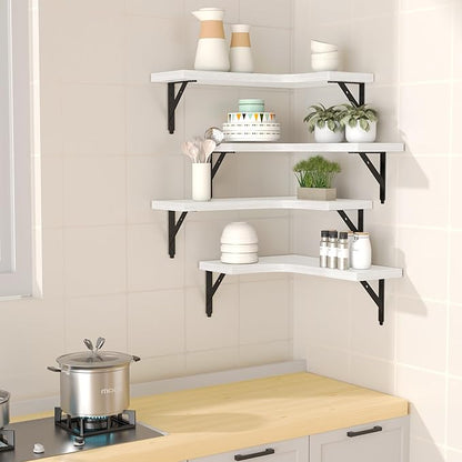 Corner Floating Shelves Wall Mounted Set of 4, Rustic Wood Storage Display Wall Shelves for Home Decor, Bathroom, Kitchen, Bedroom, Living Room, Office (White)