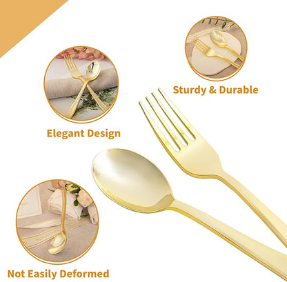 N9R 100PCS Gold Plastic Silverware, Heavy Duty Disposable Cutlery Set for Parties, Disposable Plastic Spoons and Forks Includes 50 Gold Spoons and 50 Forks for Weddings, Birthday, Dinners