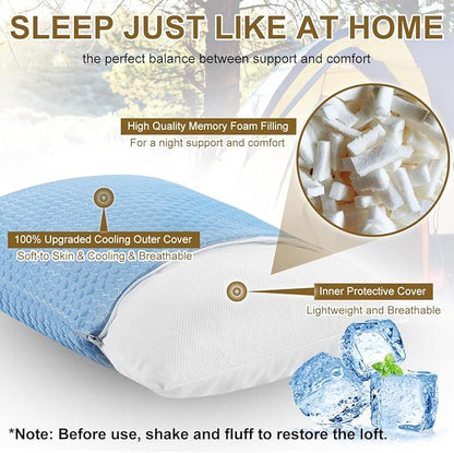 Ivellow Travel Pillow Cooling Camping Pillow for Sleeping Compressible Shredded Memory Foam Pillow Compact Firm Supportive Pillow for Adults Kids Outdoor Backpacking Hiking Essential Gear Blue S