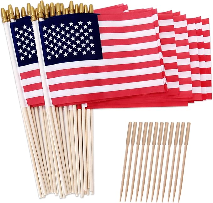 100 Pack 8x12 Inch American Flags on Stick, US Flag/U.S. Flag for Outside, 4th of July Decorations, US American Hand Held Stick Flags with Kid-Safe Spear Top, Polyester Full Color Tear-Resistant Flag