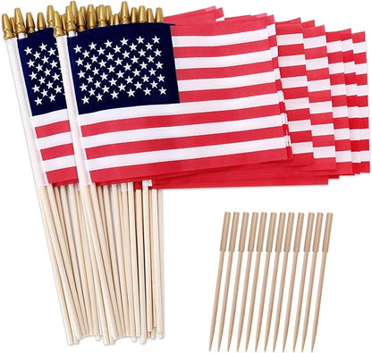 100 Pack 8x12 Inch American Flags on Stick, US Flag/U.S. Flag for Outside, 4th of July Decorations, US American Hand Held Stick Flags with Kid-Safe Spear Top, Polyester Full Color Tear-Resistant Flag