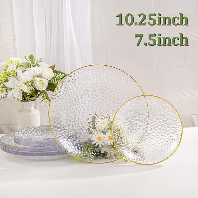SUT 36Pcs Clear Plastic Plates, Hammered Plates Disposable Heavy Duty, Clear Disposable Plates With Gold Rim, Fancy Plastic plates Include 18 Dinner and 18 Dessert plates for Wedding