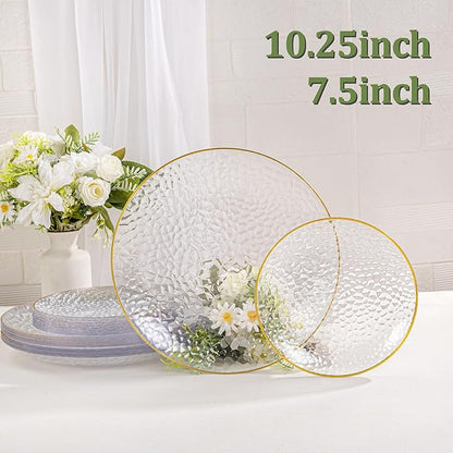 SUT 100Pcs Clear Plastic Plates, Hammered Plates Disposable Heavy Duty, Clear Disposable Plates With Gold Rim, Fancy Plastic plates Include 50 Dinner and 50 Dessert plates for Wedding