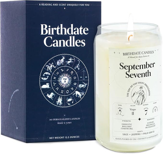 The Original Birthdate Candles, September 7 - Virgo Zodiac Scented Candles Birthday Gift - Sage, Jasmine & Palo Santo Scent - All-Natural Soy & Coconut Wax, 60-80 Hour Burn Time - Made in USA