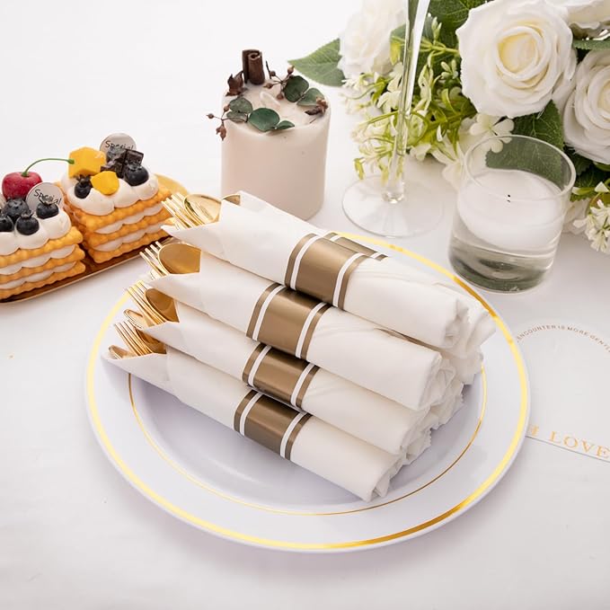 400PCS Pre Rolled Gold Plastic Silverware Sets - Heavy Duty Gold Cutlery - Include 100 Pack Wrapped Disposable Utensils with Napkins for Parties, Dinners & Weddings