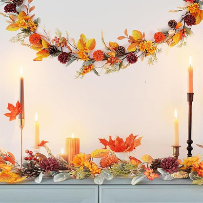 6 Feet Fall Garland for Mantle Autumn Garland with Lamb's Ear Leaves Pinecone Thanksgiving Harvest Decorations for Home Fireplace Farmhouse Porch Outdoor Indoor Table Centerpiece Wall Arch Backdrop