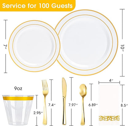 N9R 700PCS Gold Disposable Dinnerware Set for 100 Guests, White Plastic Plates with Gold Rim, Include 100 Dinner & Dessert Plates, Plastic Silverware Set, Cups, Napkins for Party and Wedding