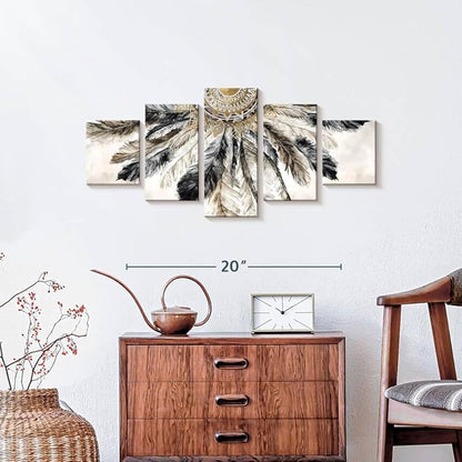 ElephantStock - Necklace Of Feathers Iii Wall Art - Horizontal Multi Panel Canvas - 5 Piece Living Room Wall Decor - Painting Multi Piece Wall Art - Brown And Gray Decor by Eva Watts - 29" x 12"