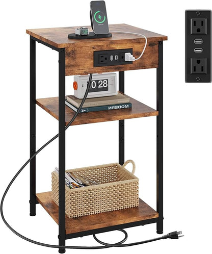 WLIVE End Table with Charging Station, Small Night Stand with 3 Storage Shelves, Side Tables for Small Spaces, Bedside Tables for Living Room, Bedroom, Rustic Brown
